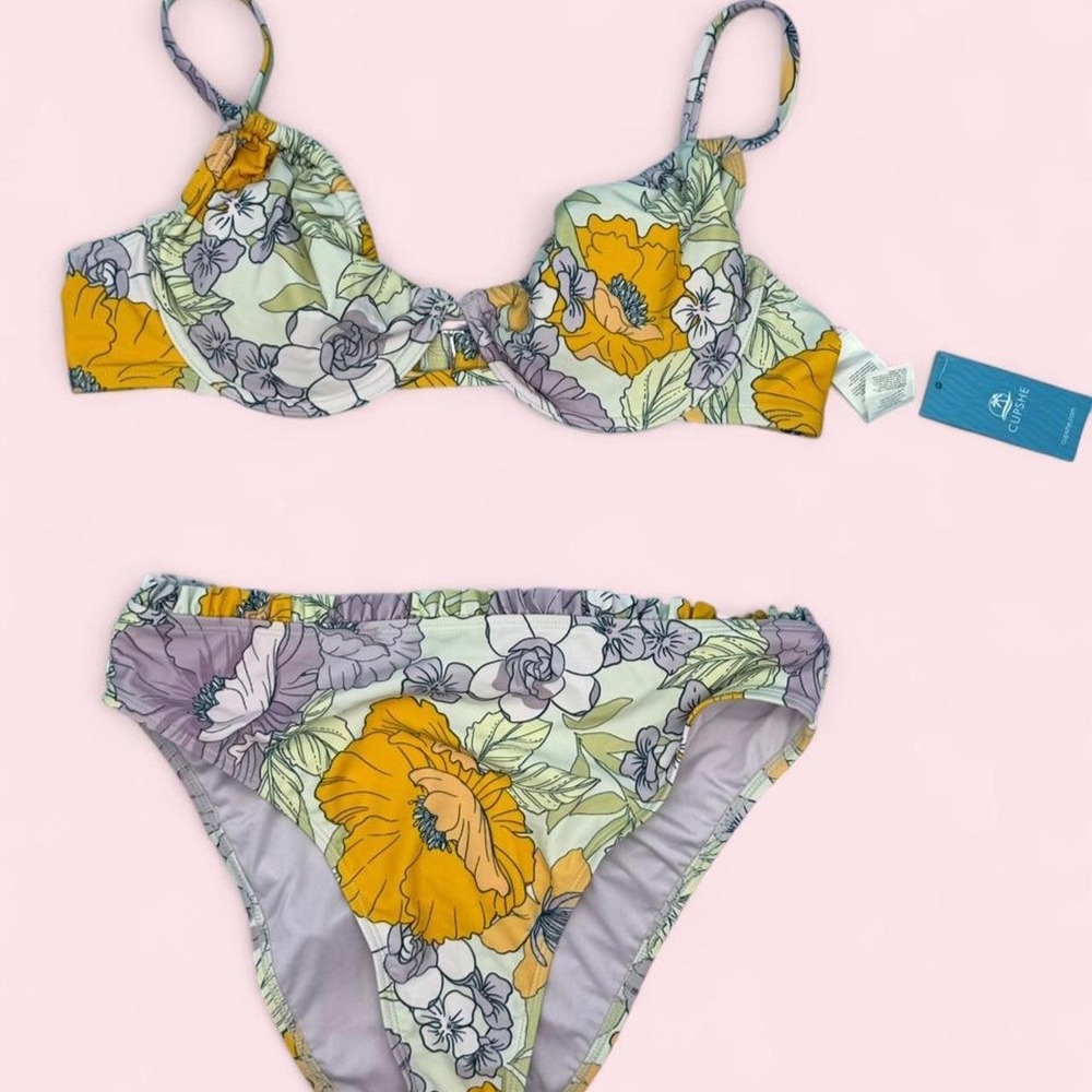 Cupshe Floral Bikini Set Yellow Purple Underwire High Waist Swimsuit NWT